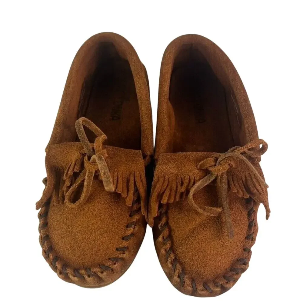 MINNETONKA Moccasin Casual Shoes Youth Kids US 2 Brown Suede Slip On Fringe 2402